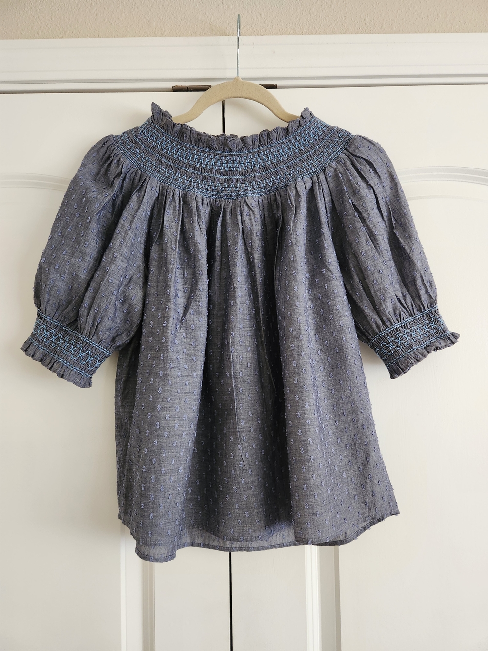 LOFT Slate Blue Smocked Whimsical Ruffled Neck Puff Sleeve Top - Picture 1 of 8